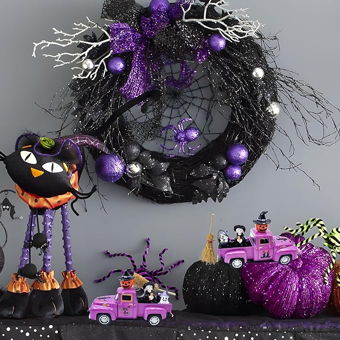Witch Halloween Decor Indoor Vintage Metal Truck with Mini Witches Pumpkin Cauldron Ghost Figures Purple Hocus Pocus Tiered Tray Decor Halloween Witch Table Decorations for Home Kitchen Mantel Shelf