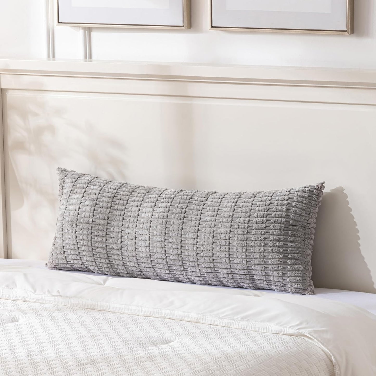 Fancy Homi Gray Long Lumbar Farmhouse Decorative Throw Pillow Covers 14x36 Inch for Bed Couch Bed Sofa, Rustic Boho Room Decor, Soft Striped Corduroy Rectangle Cushion Case 35x91 cm