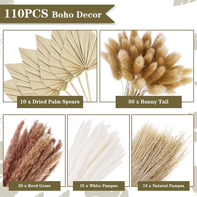 110 Pieces Dried Pampas Grass Decor Bulk, Dried Palm Spears Bunny Tails Pampas Reed Grass Dried Palm Leaves Dried Flower Bouquet for Wedding Boho Home Decor