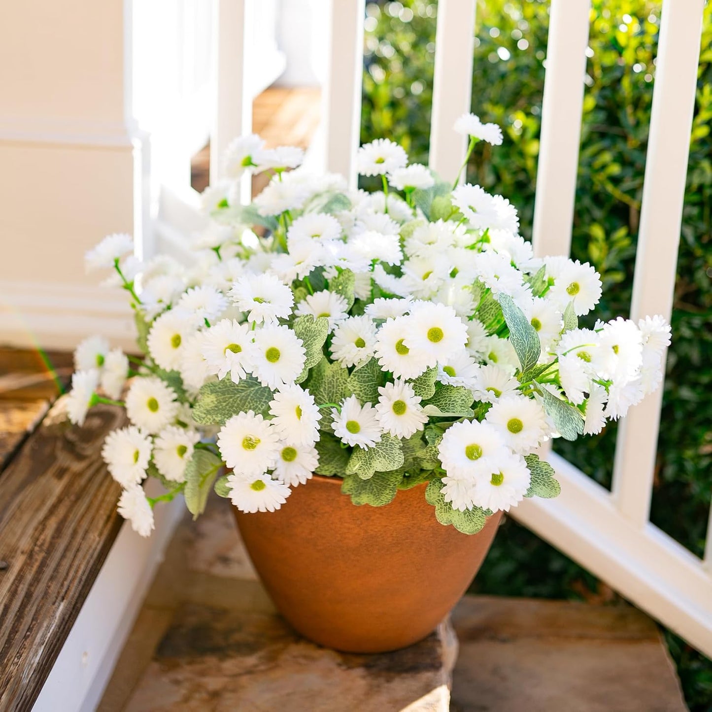 HyeFlora Dahlia Artificial Fall Flowers for Outdoors Autumn Decoration, 6 Bundles Fake Mums White Faux Flowers Plants Realistic UV Resistant Silk Flowers for Outside Planter Front Door Yard Garden