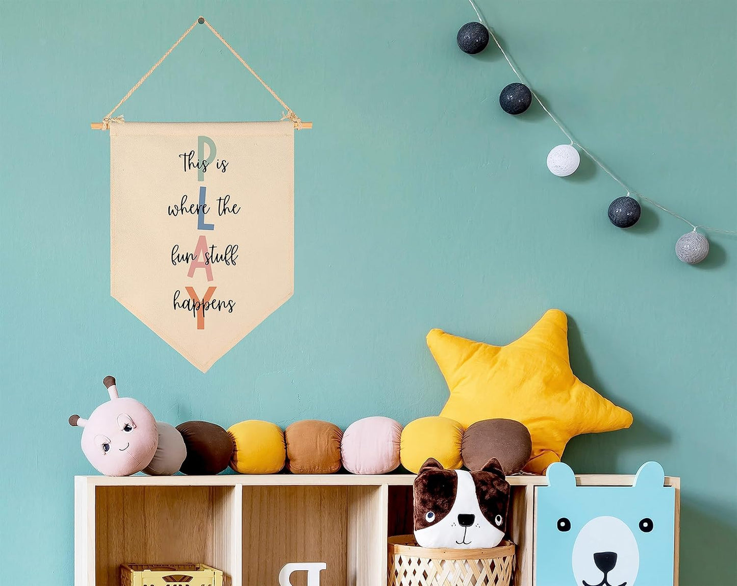 Let's Play Sign-This Is Where The Fun Stuff Happens- Flag Decor Gift for Kids Baby Boys Girls Newborn - Banner Wall Sign Gifts for Playroom Nursery Baby Room Bedroom Front Door