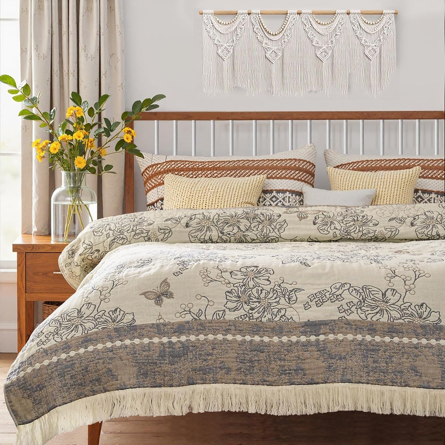 jinchan Boho Floral 100% Cotton Blanket 4-Layer Throw Blanket with Tassel Grey and White Flower Butterfly Soft Luxury Rustic Farmhouse Decor Blanket for Couch Bed 80x90 inch All Season Gift for Women