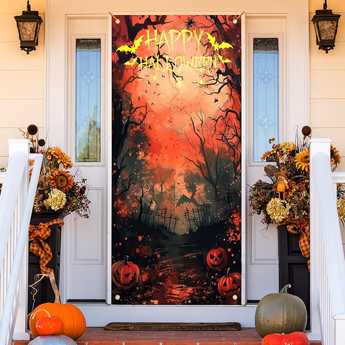 Happy Halloween Door Cover, Scary Burnt Forest Pumpkin Decoration Doorway Door Curtains Banners Backdrop Background Decor for Halloween Party, Indoor Outdoor Decorations, 35 * 79 Inch