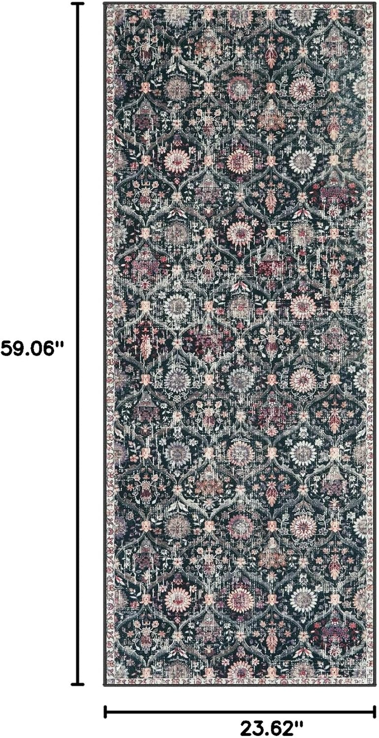 Lahome Moroccan Trellis Kitchen Runner, 2x5 Rug Runners for Hallways Non Slip Laundry Room Rug, Ultra-Thin Washable Vintage Carpet for Bedroom Bathroom, Black/Multi