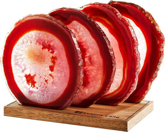 Luxury Lane Set of 4 Large Natural Brazilian Agate Slice Geode Rock Stone Drink Coasters with Wood Holder 4.3-4.7 inch Centerpiece Table Decoration, Red