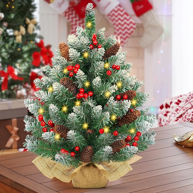 [2 Pack & Timer] 24 Inch Realistic Snowy Tabletop Christmas Tree Small Christmas Tree with 50 Warm Lights Battery Operated Red Berries Pine Cone Burlap Base Indoor Home Table Christmas Decorations