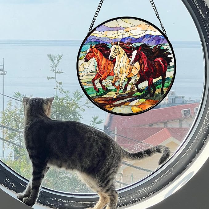 Stained Glass Window Hanging, Colorful Landscape Running Horse Suncatcher for Doors Window Home Sun Catchers Decoration Mother's Day Birthday Gifts for Women, Men, and Mom 7.8x7.8 in