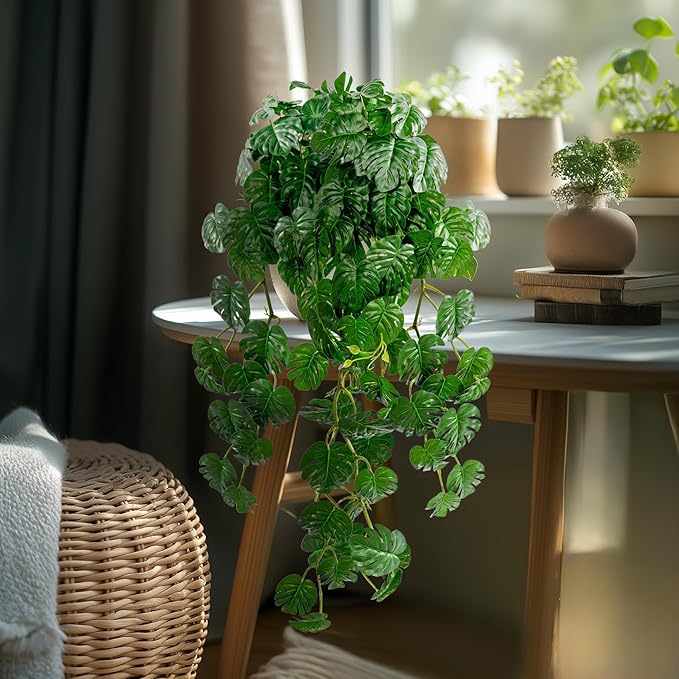 2 PCS Artificial Hanging Plants, Fake Hanging Monstera Leaves Ivy Vine Faux Greenery Tropical Palm Leaves Outdoor Hanging Plants Leaf Plant for Garden Home Decor