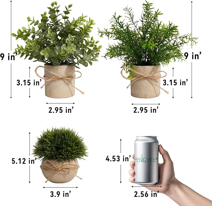 4Pack Small Fake Plants for Bathroom Decor, Artificial Plants Indoor, Faux Plants Indoor Eucalyptus Rosemary for Home Kitchen Farmhouse Office Room Decor