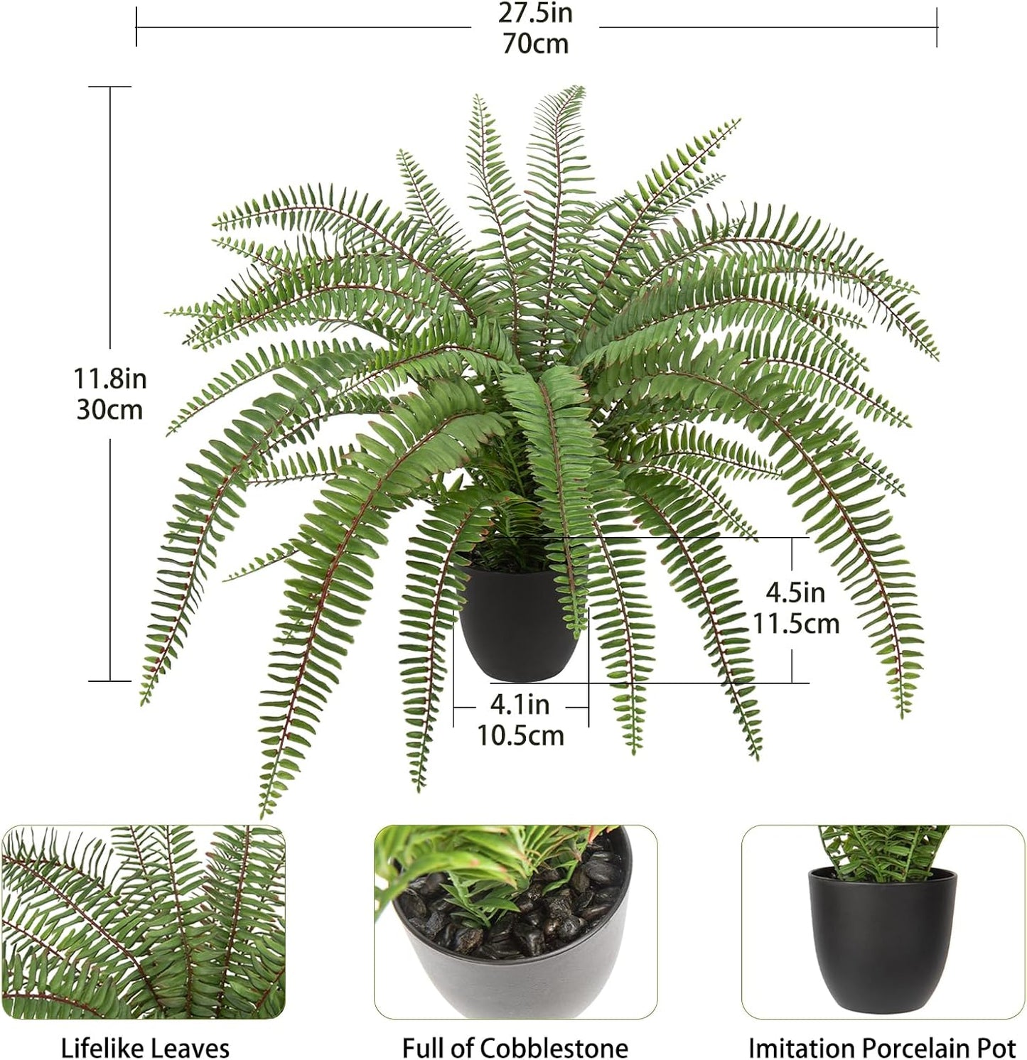 Hollyone Large Artificial Fern Potted Plant for Outdoors Indoors Lifelike Faux Boston Fern Artificial Plants in Black Pot for Garden Patio Home Farmhouse Windowsill Office Decoration
