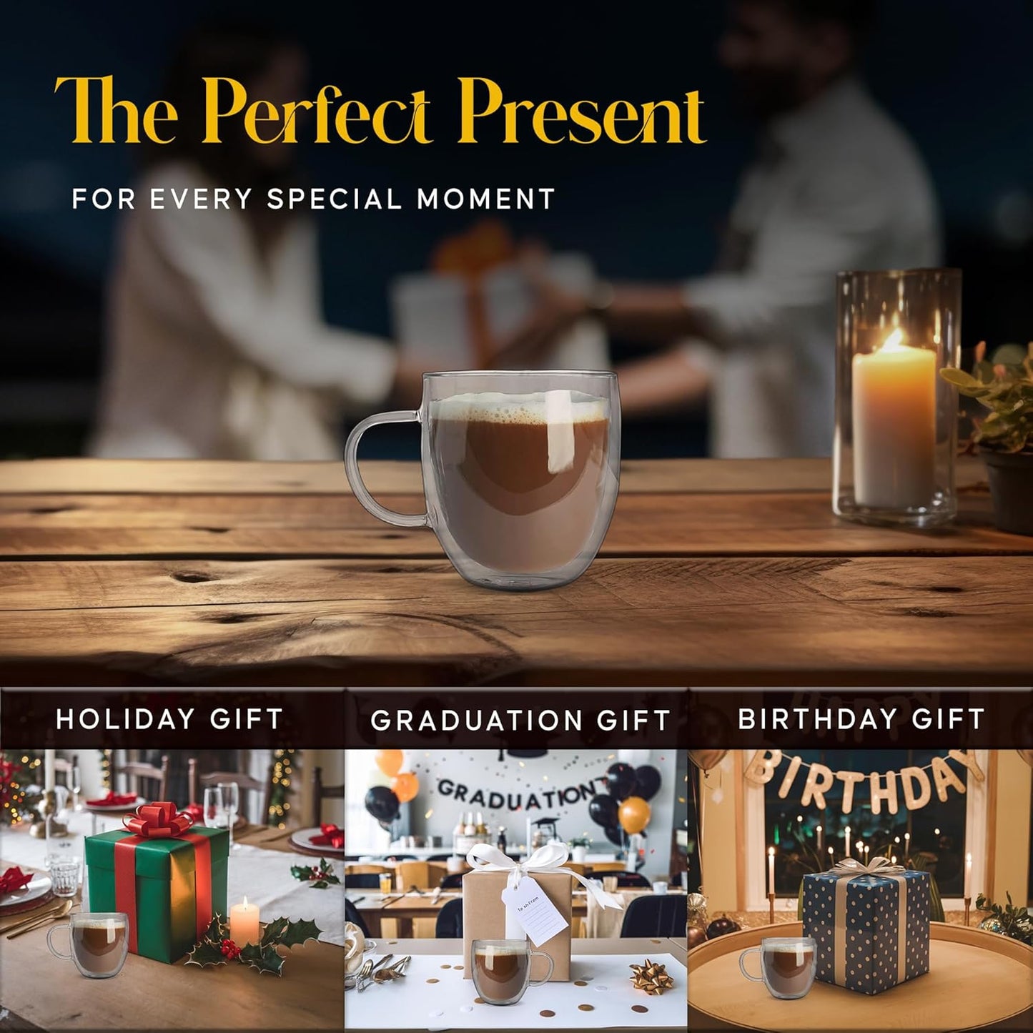 Kitchables Double Walled Glass Coffee Mugs Set of 4, 8oz - Insulated Glass Coffee Mugs for Cappuccino, Latte, Tea, Espresso - Latte Cup - Tazas Para Cafe