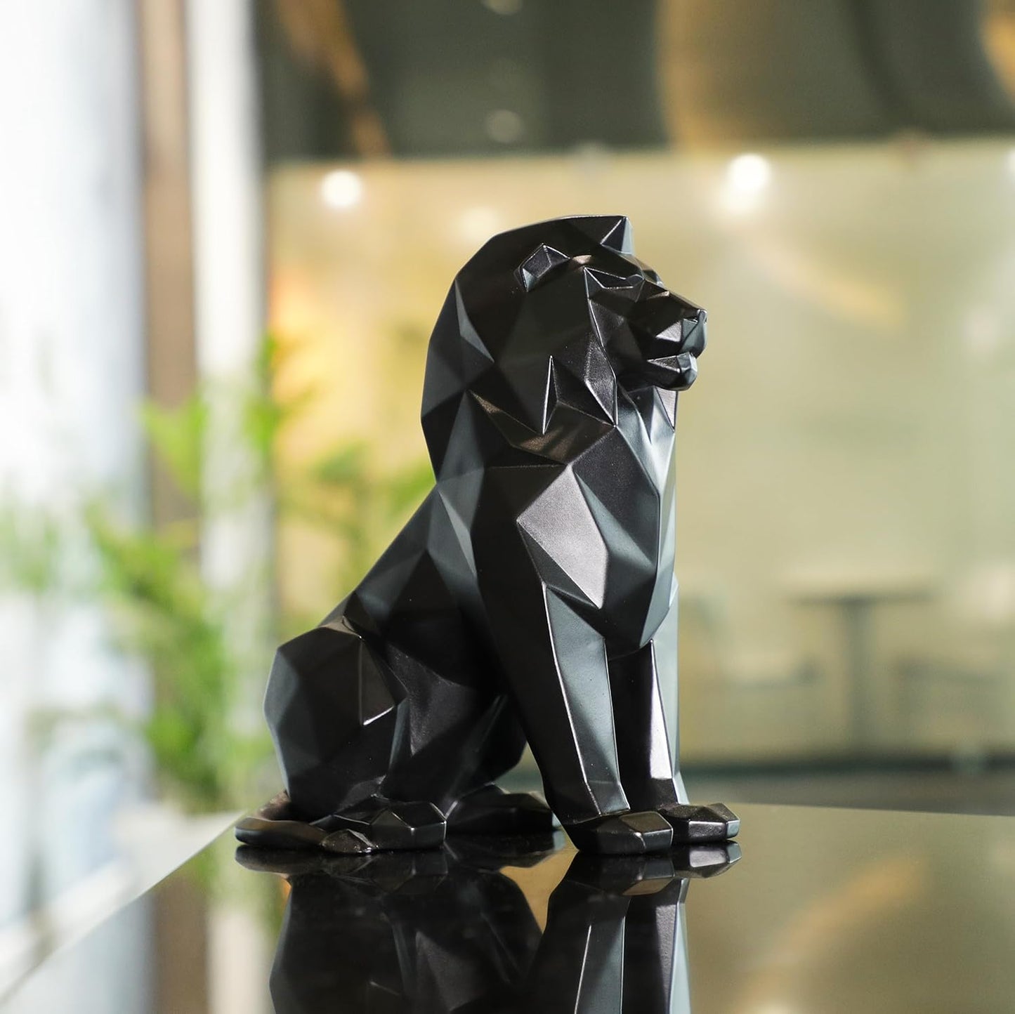 Black Lion Statue for Home Decor Geometric Style Sitting Black Lion Figurine Home Decorative Showpiece, Lion Idol for Office Decoration, Handmade Animal Statue Resin, Size 7.67 inch