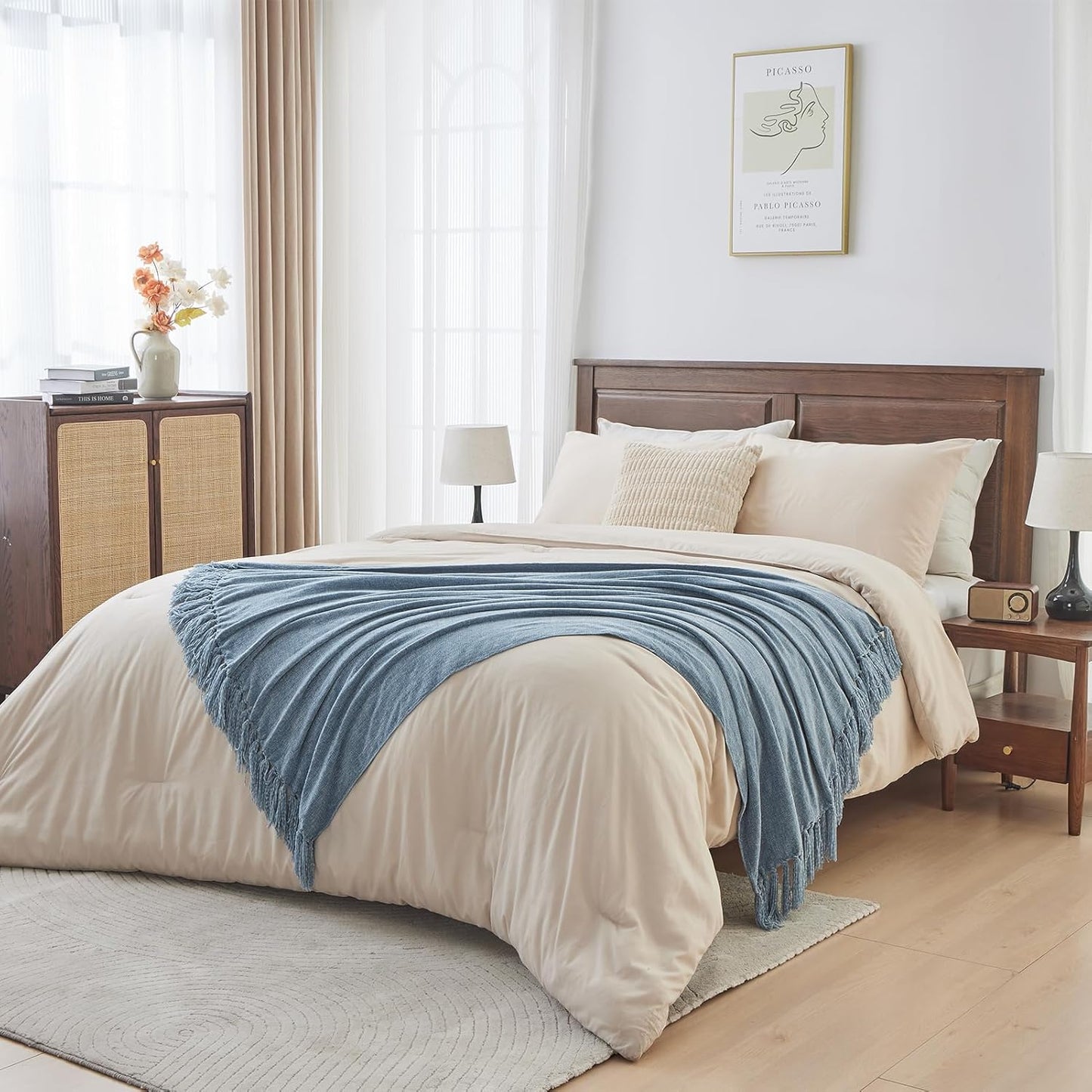 CozeCube Chenille Throw Blanket for Couch, Cozy Plush Fuzzy Decorative Dusty Blue Blanket with Fringe Tassels, Lightweight Throws for Bed Sofa Gift Home Decor, 60"X80"