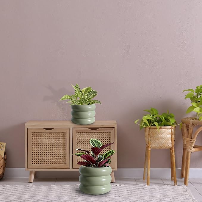 3 Piece Modern Ceramic Planter, 6.5/4.7/3.5 Inch Green Plant Pot Set of 3 Unique Planters for Outdoor Indoor Flower Pots Plants with Drainage Holes Home & Office Decor with Mesh Pad