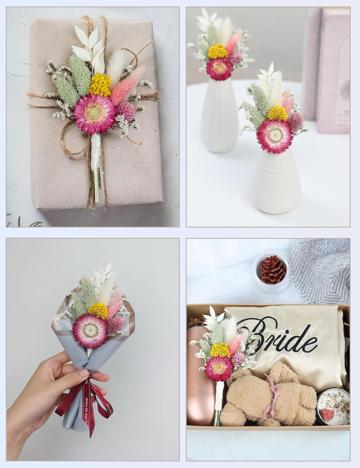 Mini Dried Flower Bouquet (Set of 6) for Handmade Craft Decorations and Boutonnieres for Groomsmen and Groomsmen. (Burgundy)