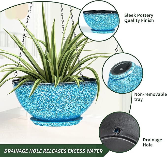 Hanging Planters for Indoor Outdoor Plants-2 Pack 10 inch Hanging Plant Pots with Drainage and Chain, Hanging Planter for House Plants (Blue with White Spray)