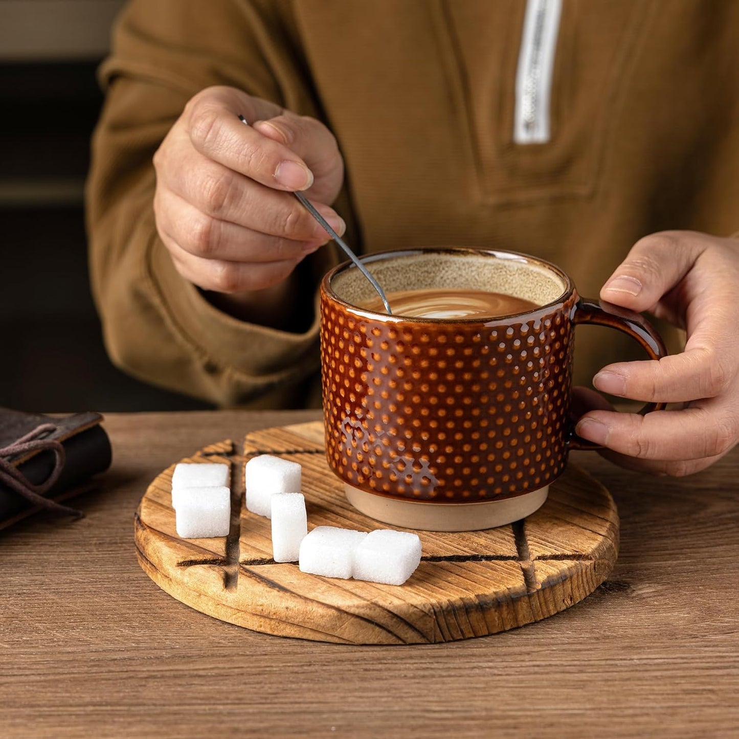 GBHOME 15OZ Stackable Coffee Mugs, Ceramic Coffee Cups with Texture Patterns for Man,Woman,Dad,Mom, Modern Mugs Set of 4 for Latte/Cappuccino/Cocoa. Dishwasher&Microwave Safe, Caramel