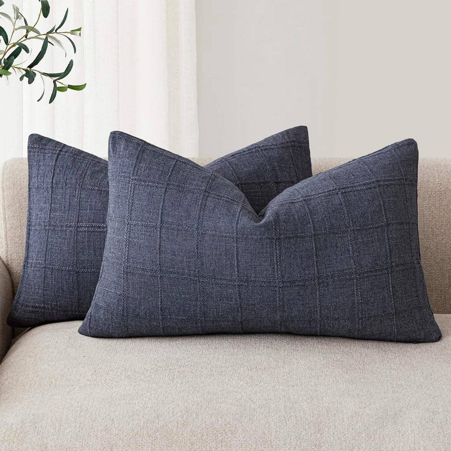 Foindtower Set of 2 Decorative Linen Check Throw Pillow Covers Neutral Farmhouse Lumbar Cushion Covers Modern Boho Home Decor for Sofa Chair Couch Bedroom Living Room,12×20 Inch,Navy Blue