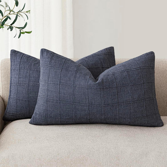 Foindtower Set of 2 Decorative Linen Check Throw Pillow Covers Neutral Farmhouse Lumbar Cushion Covers Modern Boho Home Decor for Sofa Chair Couch Bedroom Living Room,12×20 Inch,Navy Blue