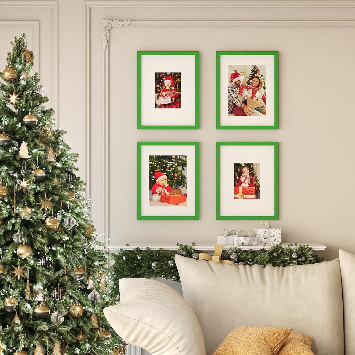 KINLINK 11x14 Picture Frame Grass Green, Solid Wood Frames with Acrylic Plexiglass for Pictures 5x7/8x10 with Mat or 11x14 without Mat, Tabletop and Wall Mounting Display, 4 Pack