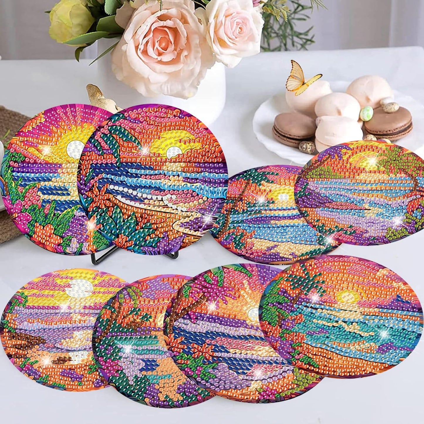 Meothan 8 Pcs Diamond Art Coasters kit with Holder Cork Pads, Diamond Dot Art Painting Coasters Kit for Adults (Sunset Beach)