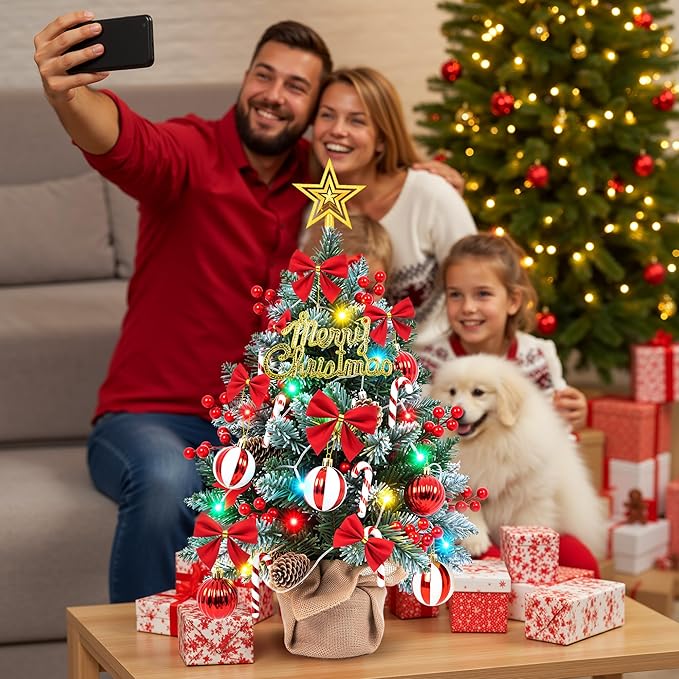 2FT Tabletop Mini Christmas Tree with Colorful LED Lights,DIY Ornaments,24 Inch Small Artificial Pine Tree with Star Topper, Battery Operated Desktop Xmas Tree for Home Office Holiday Decorations Gift