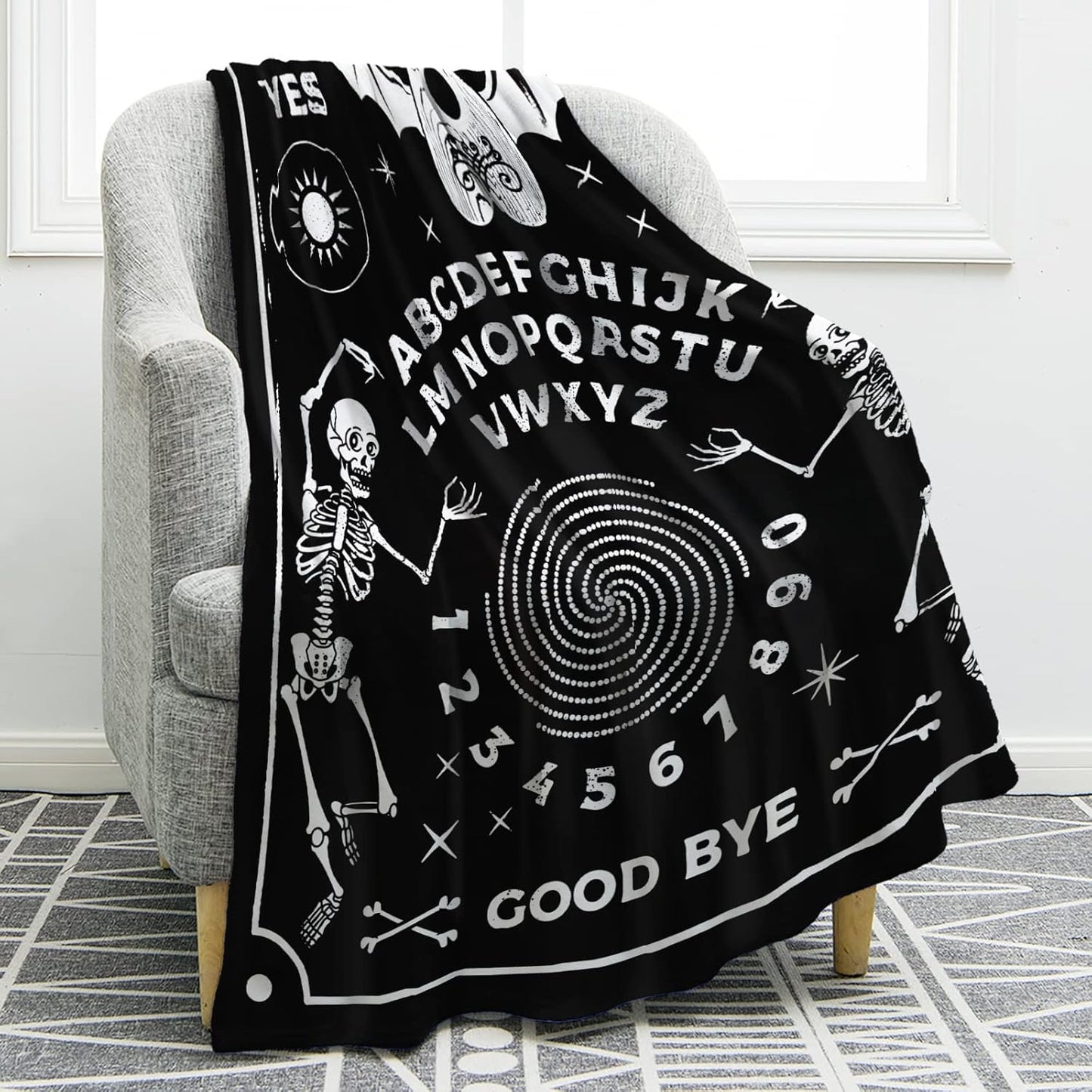 Jekeno Ouija Board Blanket Gifts for Women Men Kids Girls Mom Dad Halloween Mother's Day Father's Day Presents Home Bedroom Sun Moon Skeleton Skull Bat Decor Soft Cozy Throw Blankets Black 50"x60"