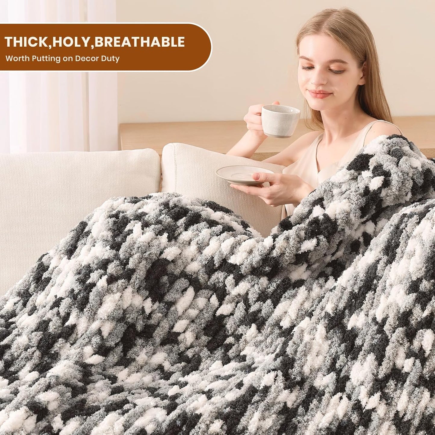 L'AGRATY Chunky Knit Blanket Throw: 60''x80'' Chenille Chunky Knitted Throw Blankets for Twin Bed Couch - Handmade Thick Cable Knit Blanket - Large Crochet Rope Blankets for Home Decor