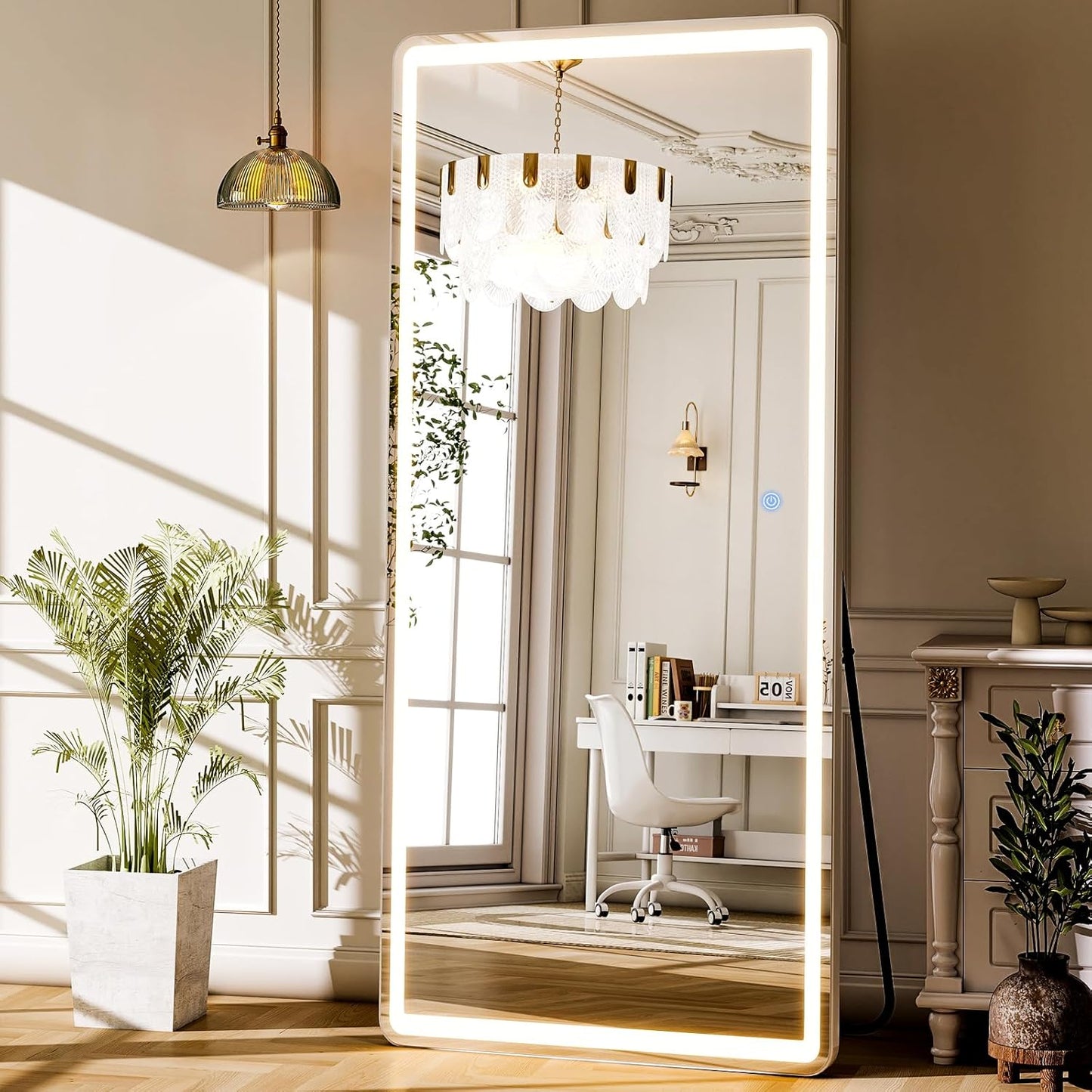 GLSLAND 65x26 LED Mirror Full Length, Aluminum Alloy Floor Mirrors with Lights, 3 Color Lighting & Dimming for Bedroom Decorative Wall Mounted, White