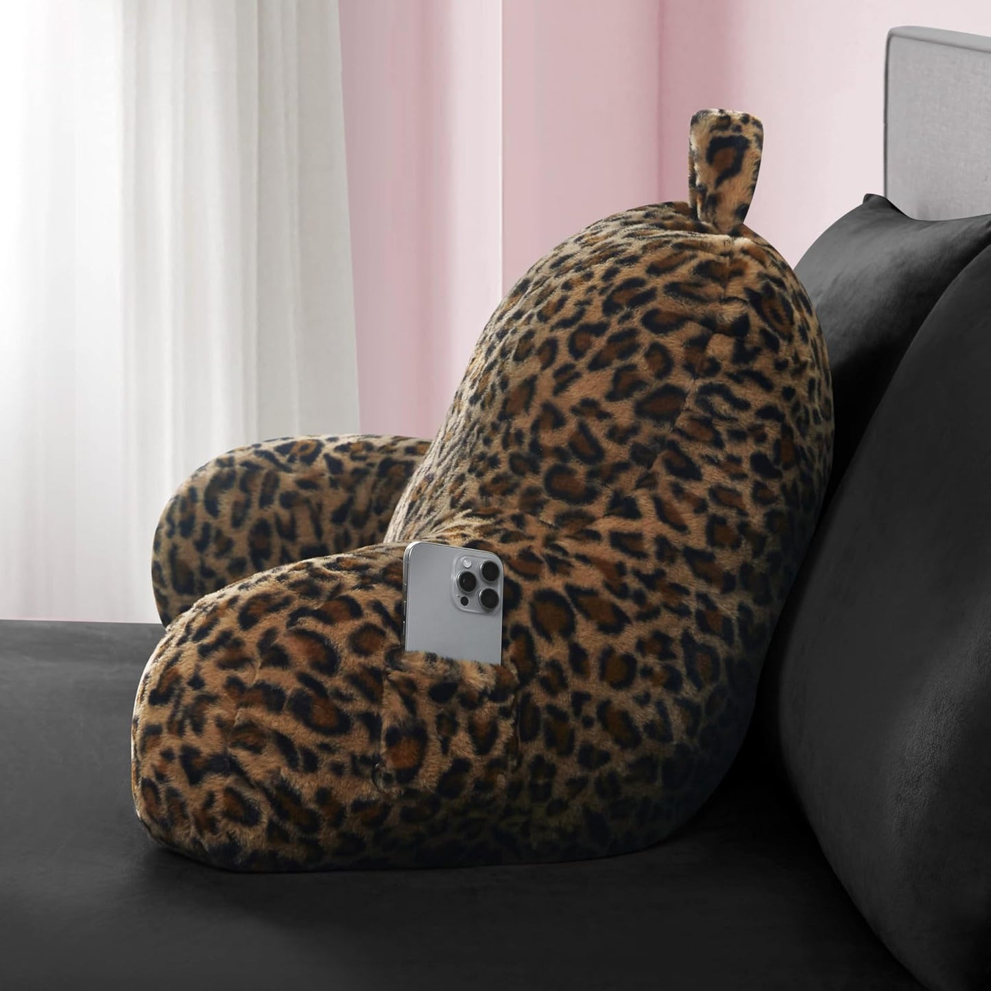 Juicy Couture Faux Fur Leopard Backrest Pillow - 30"x17" Supportive Bed Rest Pillow for Reading, Gaming, or Relaxing