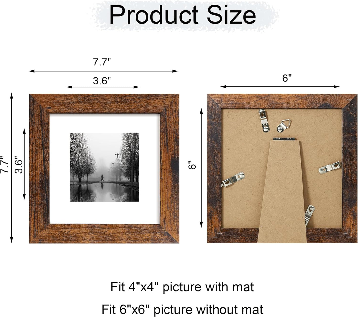 iRahmen 6x6 Picture Frame Set of 4 with Real Glass, Rustic Frames Display 4x4 Picture with Mat or 6 x 6 Without Mat, Square Photo Frame for Wall Mount and Tabletop Display