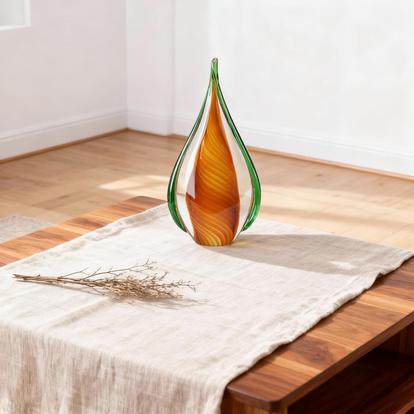 DOVDOV Blown Glass Sculpture, Green and Brown Glass Art Collectible Statue, Unique Teardrop Ornament, Suitable for Office, Bookshelf, Dressing Table, Living Room Coffee Table, or Mantelpiece Display.