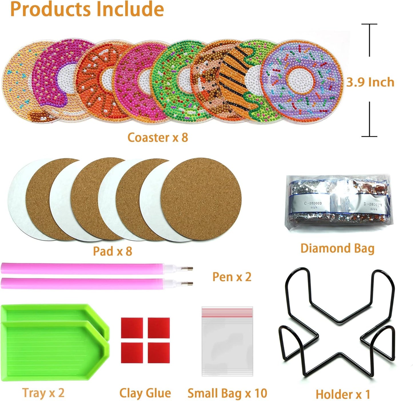 Diamond Art Coasters Kit with Holder, 8 Pcs Diamond Art Coasters for Adults Kids Beginners Crafts Gifts (Donuts)