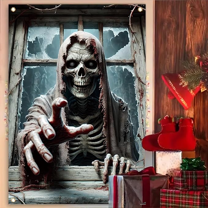 Window Cover Halloween 47x31 Inch Scary Skeleton Grim Reaper Banner Creepy Horror Window Decoration for Haunted House Outdoor Indoor Poster Trick or Treat Decor