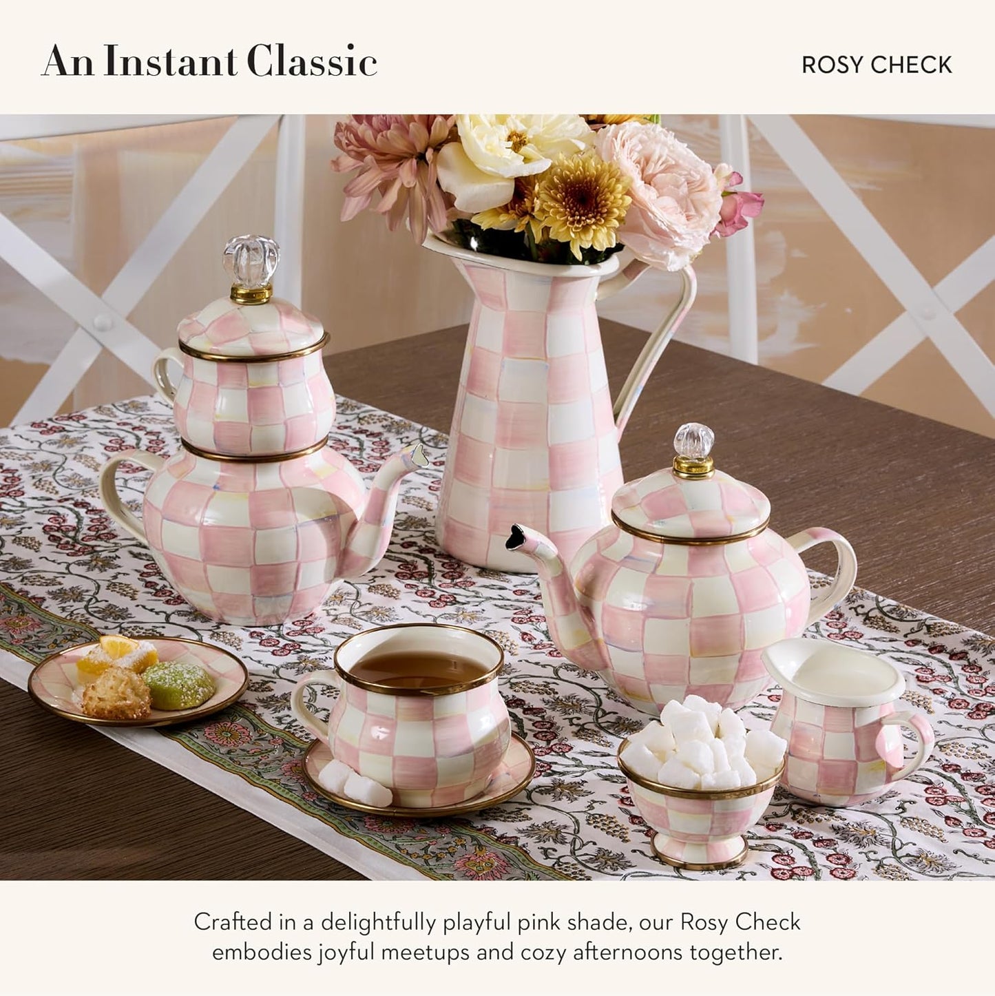 MACKENZIE-CHILDS Enamel Teacup, Unique Coffee and Tea Mug, Enamel Cup for Hot Tea, 10 Ounces, Pink-and-White Rosy Check