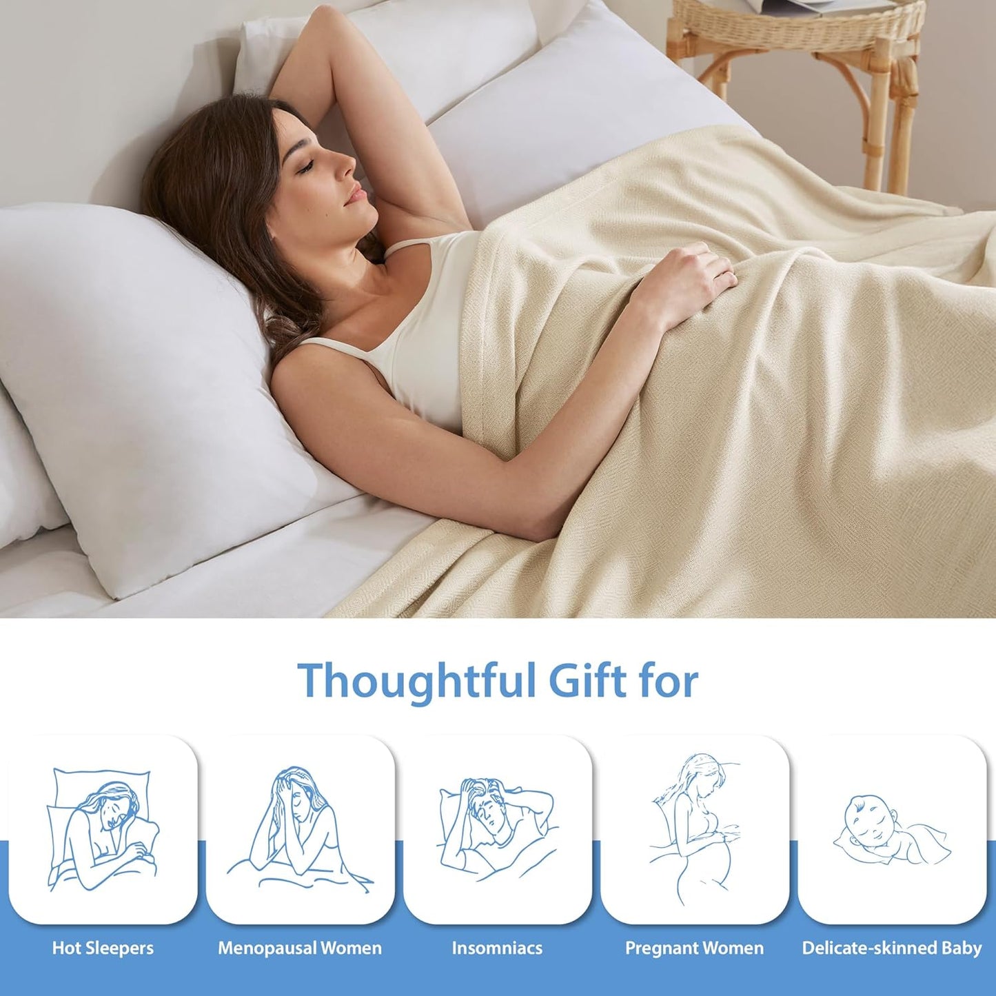 King Size Blanket, 70% Rayon (Derived from Bamboo) and 30% Cotton, Lightweight Jacquard Weave, Breathable and Soft Summer Blanket for Bed or Couch, 108” x 90”, Ivory