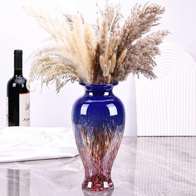 11.8" Tall Blown Blue Glass Vase, Colorful Opaque Glass Vase, Unique Design Wide Mouth Art Decoration for Home, Living Room, Dining Table, Pampas Grass Decor (Blue)