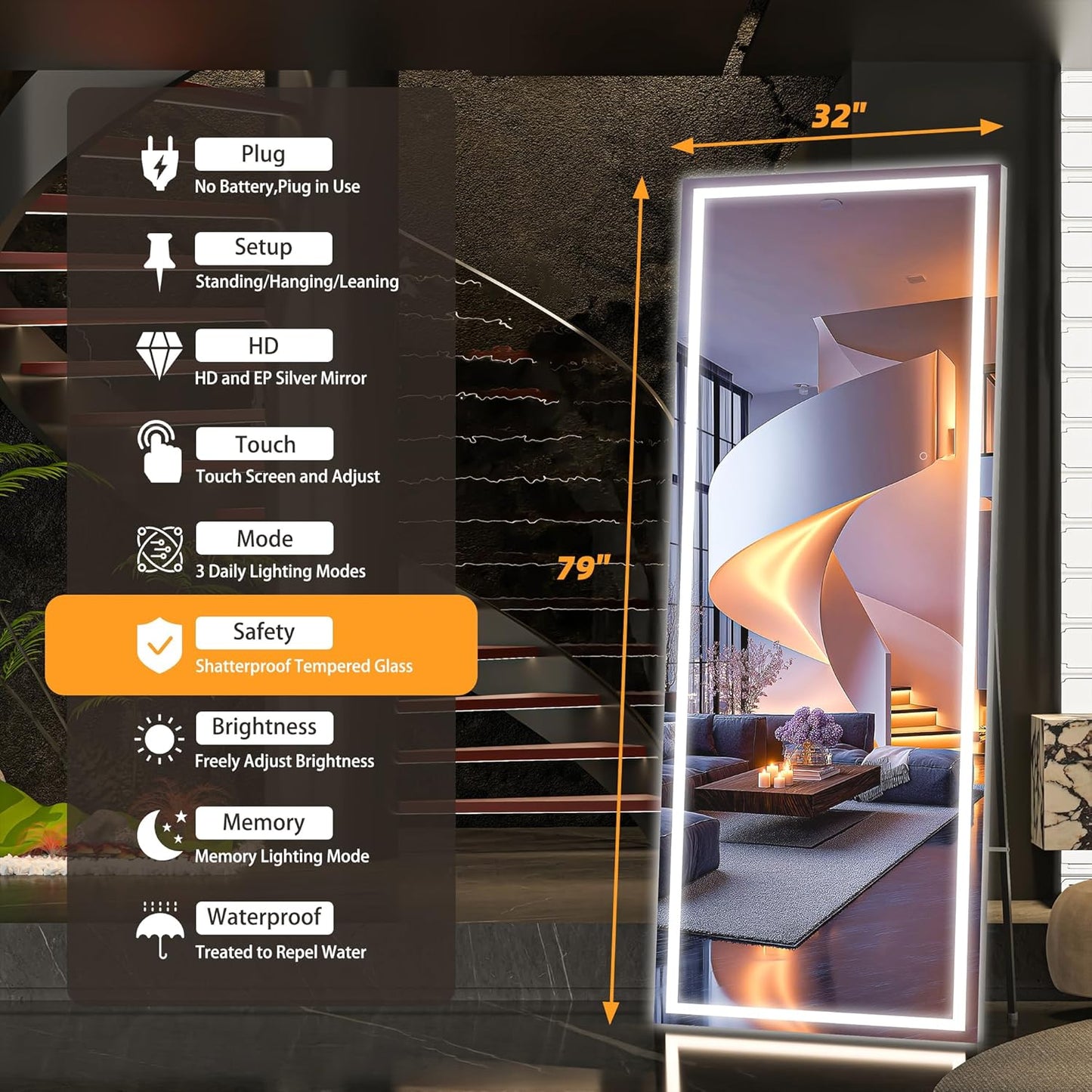 Hasipu Full Length Mirror with Lights, 79" x 32" LED Lighted Floor Standing Mirror, Full Body Dressing Hanging Mounted Mirrors, Dimmable, Tempered Glass, Safe to Use, Square Black