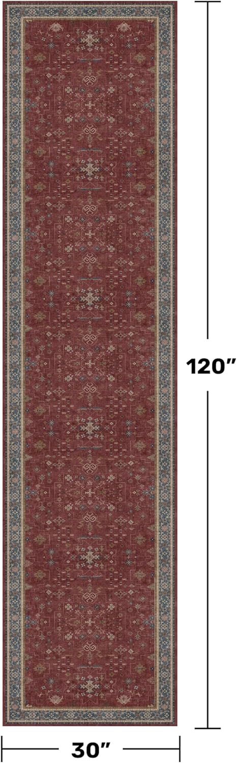 Dark Red 2'6''x10' Wide Hallway Runner Rug - 10ft Long Washable Non Slip Indoor Door Mats for Entryway, Low Pile & Soft Boho Geometric Floral Pattern Burgundy Area Rug