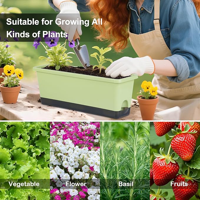 Window Box Planter 4 Packs, 17 Inches Rectangle Flower Pots with Drainage Holes & Trays, Pots for Vegetables, Herbs, Flowers, Garden Windowsill Balcony (Light Green, 17 * 5.1 * 6 inch)