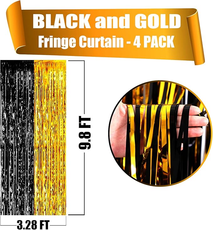4 Pack Black Gold Foil Fringe Curtain Backdrop, 3.28Ft x 9.8Ft Metallic Tinsel Foil Fringe Streamers Curtains for Photo Booth, Wedding, Graduation, Birthday, Carnival Party Decoration