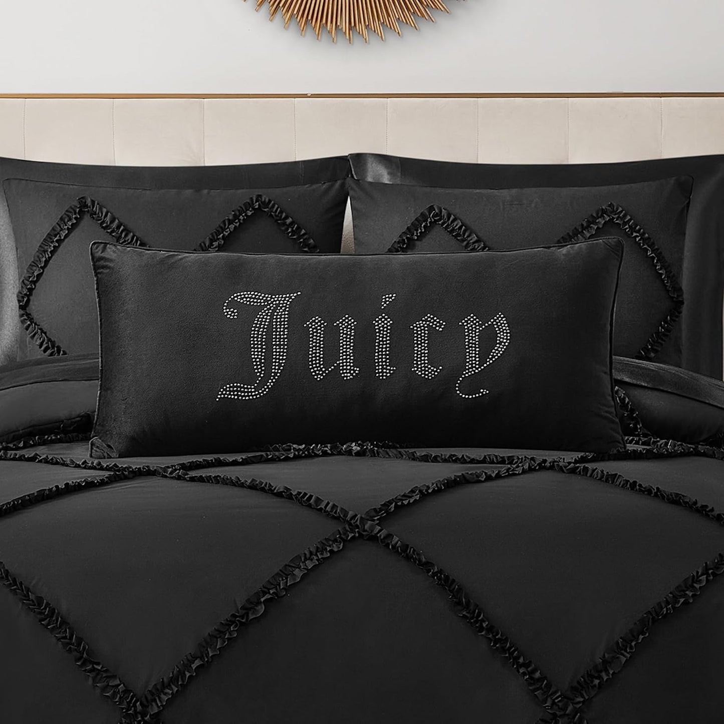 Juicy Couture Rectangle 1-Piece Decorative Accent, Premium Reversible Throw Pillow, Living Room and Bedroom Décor, 16"x36", Velvet Rhinestone Black