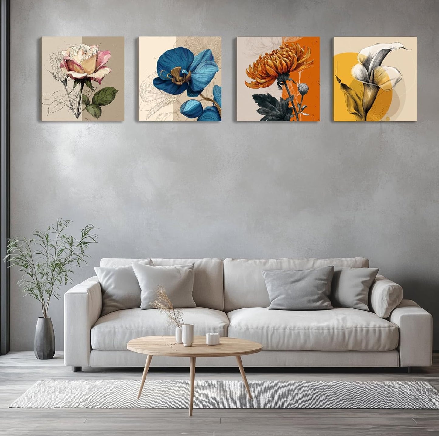 Framed Botanical Wall Art for Living Room Rustic Boho Floral Canvas Paintings Prints Flower Pictures for Farmhouse Hallway Bedroom Dining Room Bathroom Office Wall Decor ArtWork for Wall