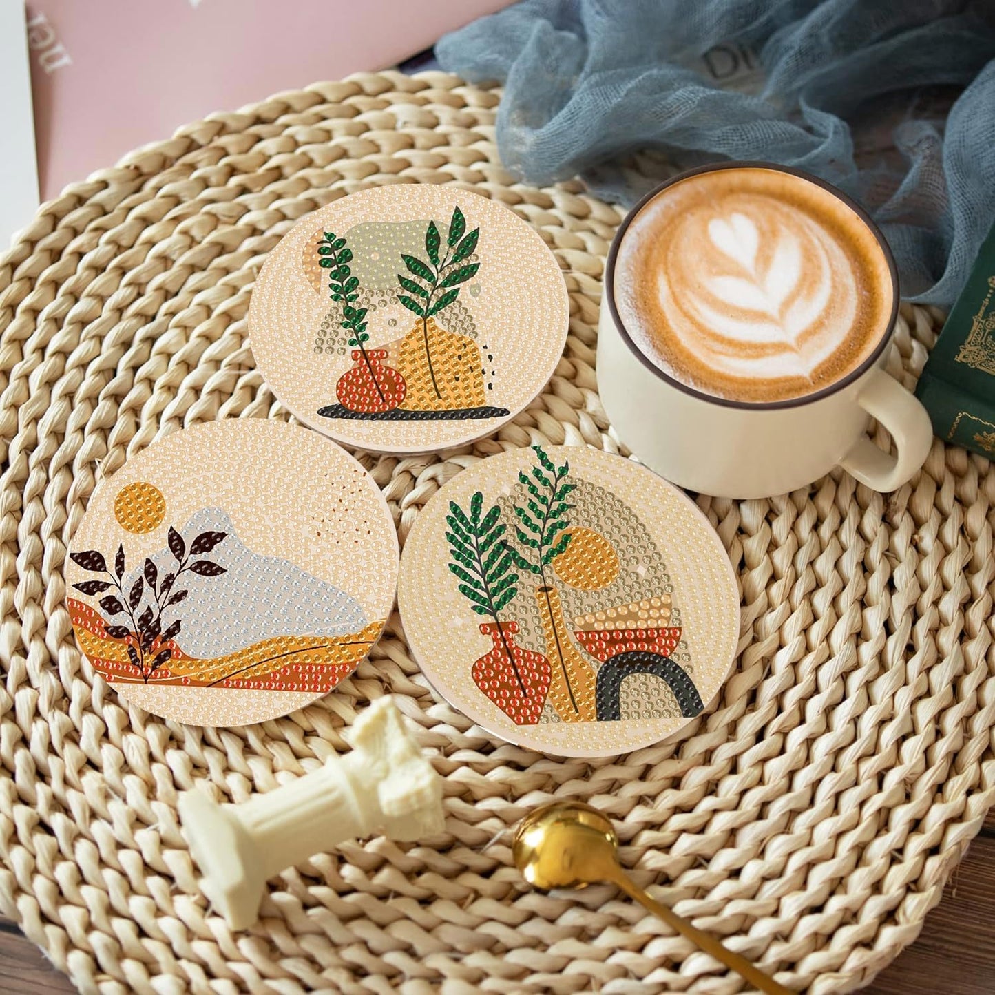 Clendo 8 Pcs Bohemian Style Diamond Painting Coasters Kits for Adults, Abstract Landscape Diamond Art Coasters for Beginners with Holder, Small Diamond Painting Kits for Adults Art Craft Supplies