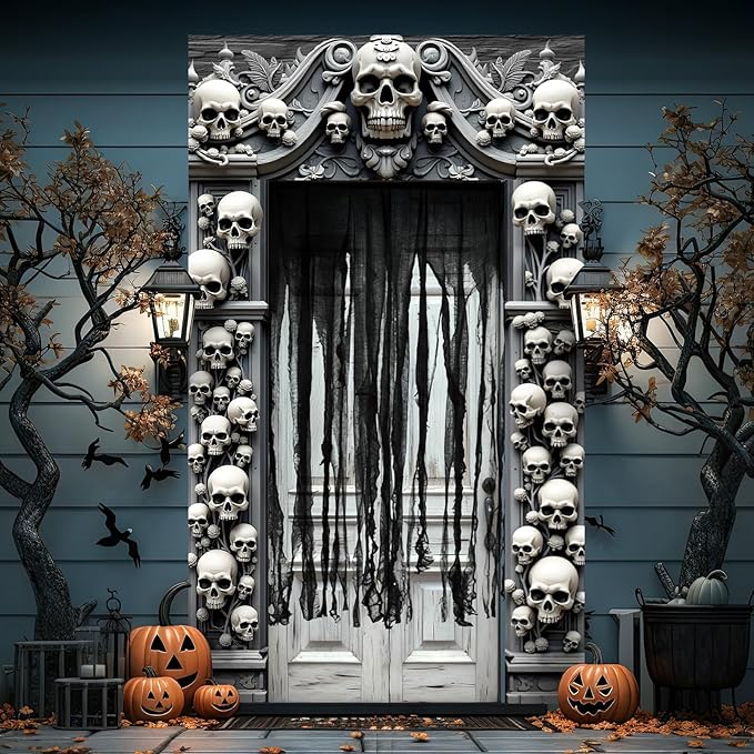 4 Pcs Halloween Cemetery Archway Door Cover Decoration Kit- Large Skeleton Front Door Banner Scary Gauze Cover for Indoor Outdoor Archway Garage Haunted House Party Trunk or Treat Car Decor