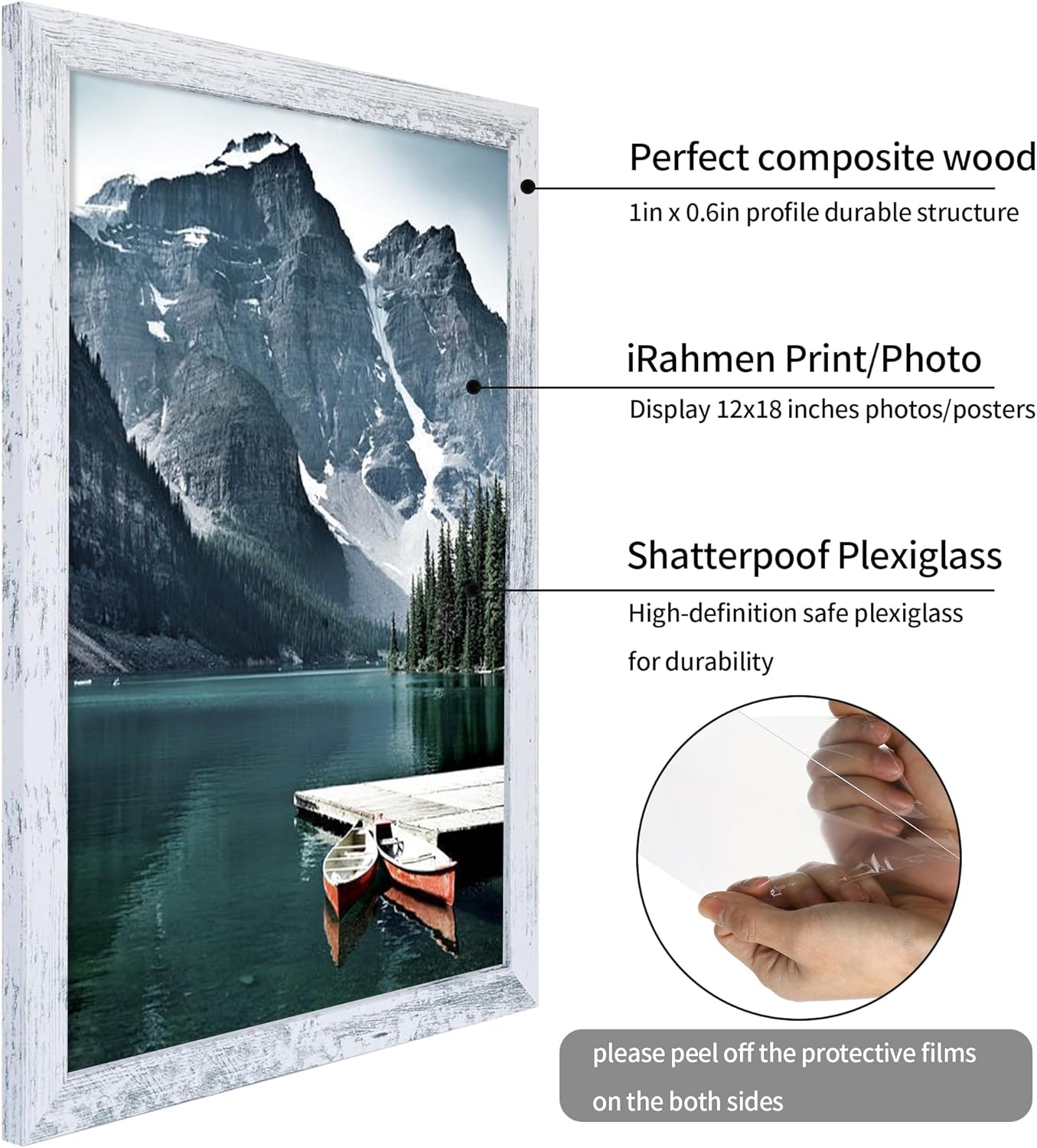iRahmen 12x18 Picture Frame Set of 2 with Plexiglass, Distressed White Wood Poster Frame for Photo Gallery Wall Mounting Horizontal and Vertical