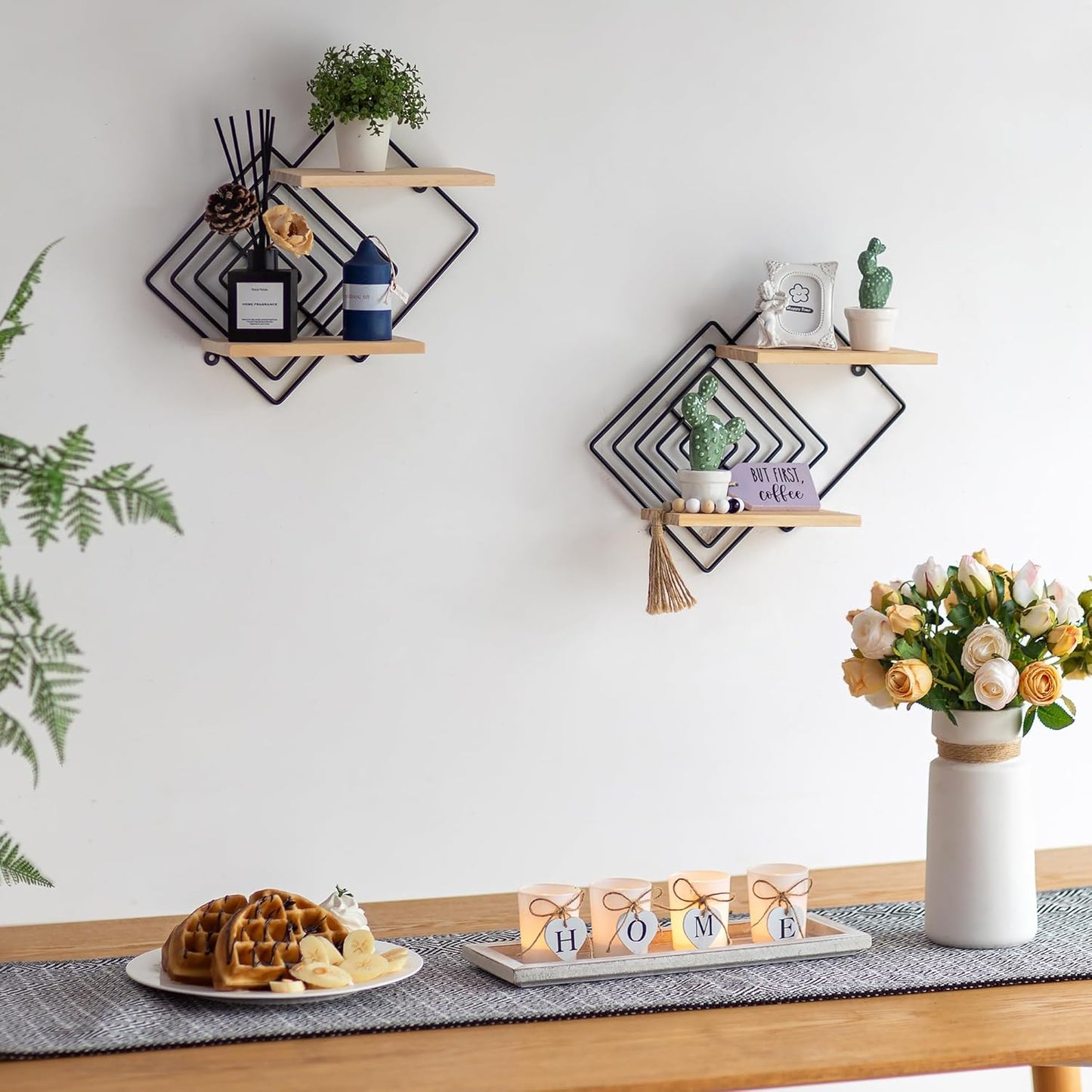 Bedroom Shelves for Wall Decor - Set of 2 Small Floating Shelf 2 Tier Modern Shelves Wall Mount Wood Geometric Hanging Plant Shelf Organizer for Bathroom