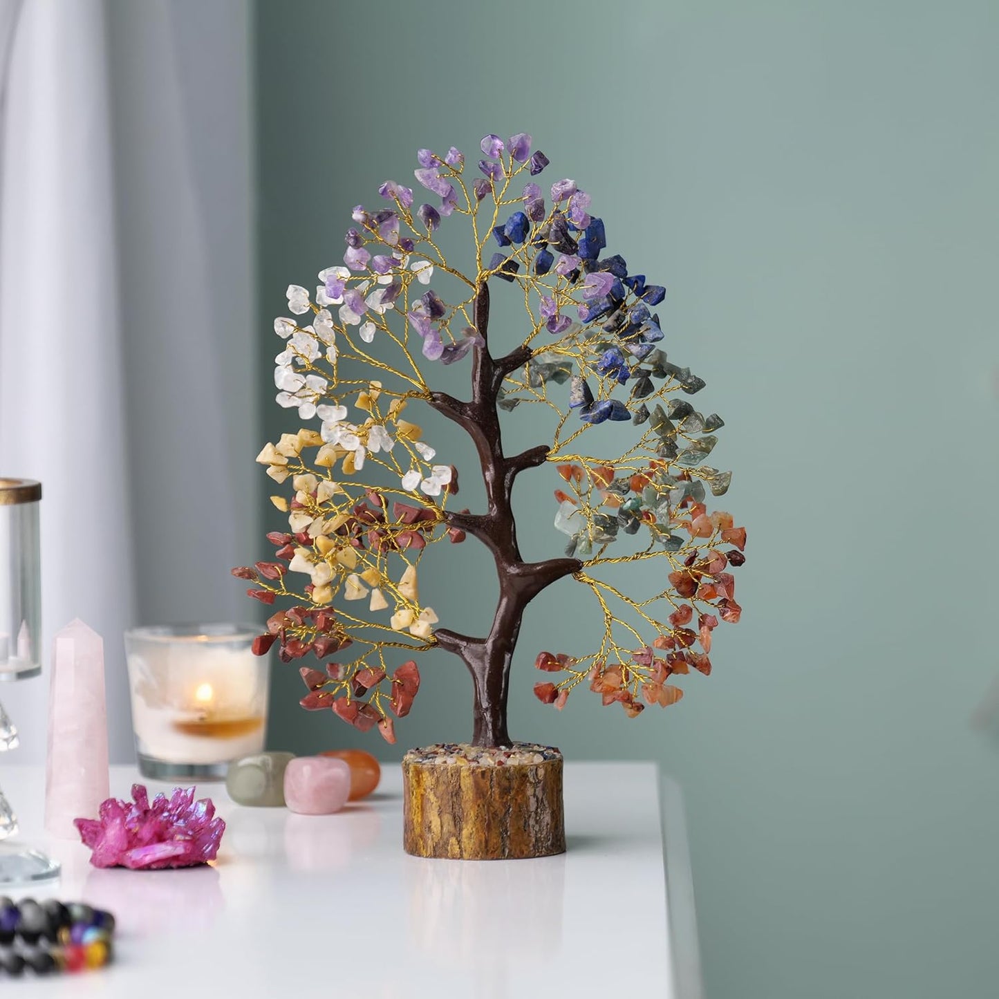 Healing Crystals Gemstones - 7 Chakra Tree of Life, Handmade Feng Shui Luck Figurine, Chakra Chacra, Spiritual Good Luck Abundance Gift, 10-12 Inch