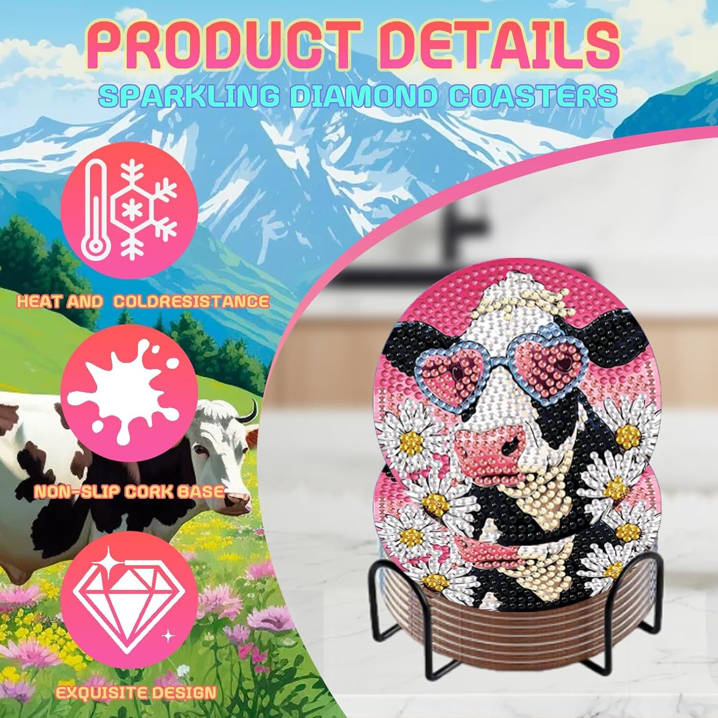 DOZEEZOP 8 PCS Diamond Art Coasters Kit, 5D Diamond Painting Coasters with Holder, Fall Small Diamond Art Kits for Adults Beginners, Diamond Dots Arts and Crafts Supplies Cow