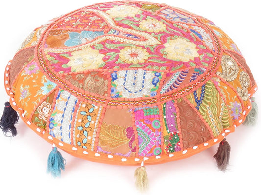 Eyes of India Round Floor Seating Meditation Patchwork Pillow Cushion Cover Colourful Decorative Throw Indian Bohemian Accent Boho Chic Handmade Cover Only (Orange, 32" x 32")